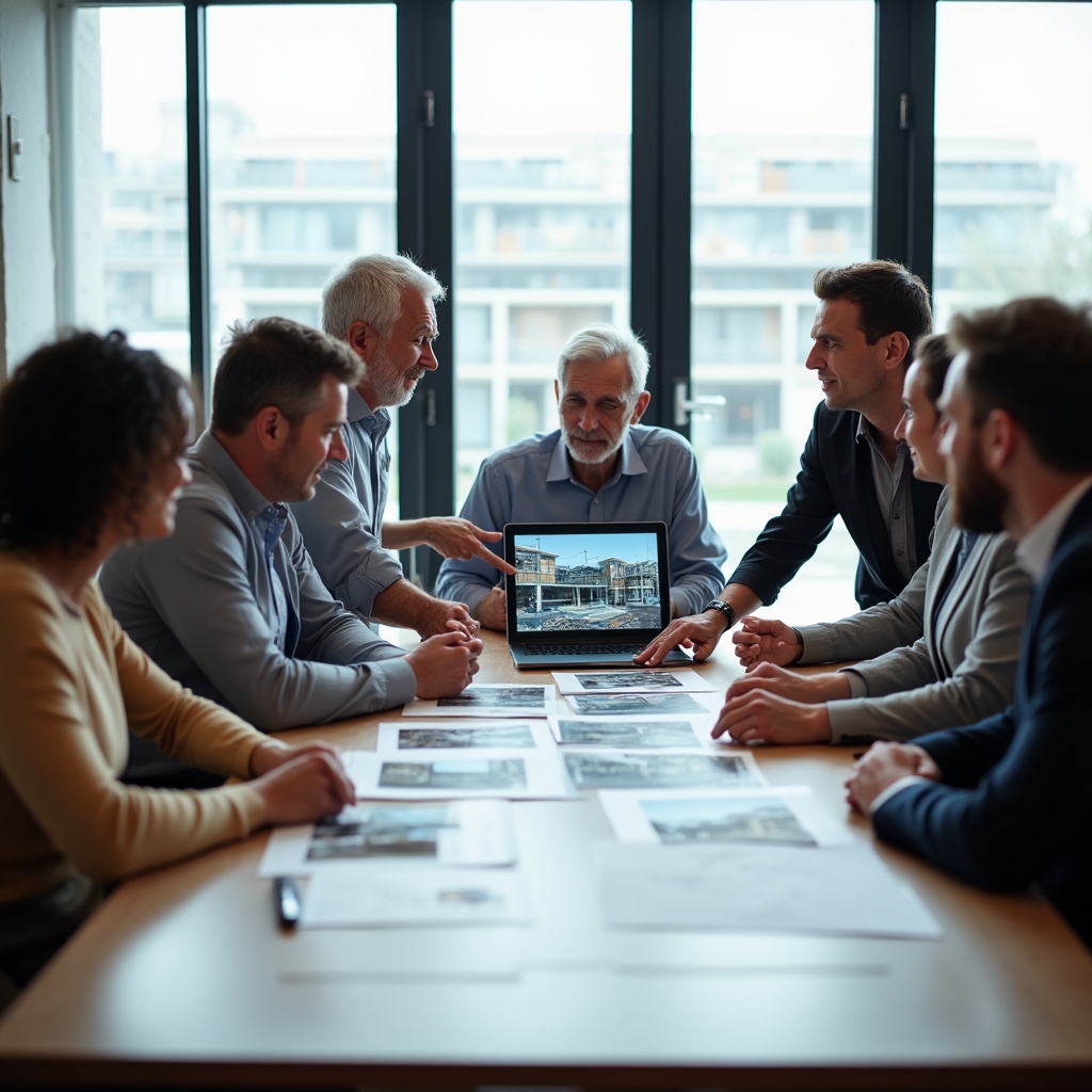 Housing cooperative members reviewing project documentation together