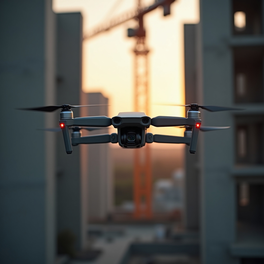 Drone in flight over an active construction site