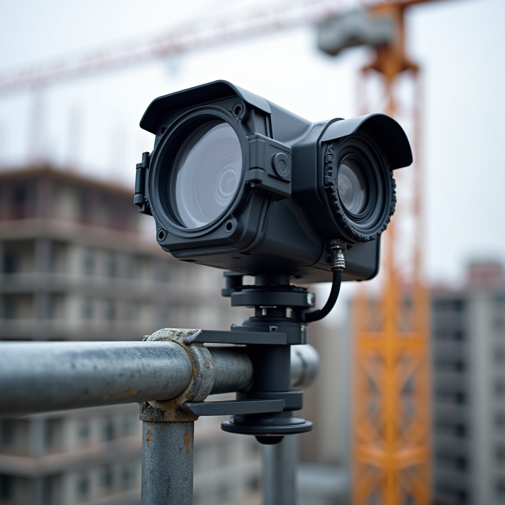 Timelapse camera mounted on construction site scaffold